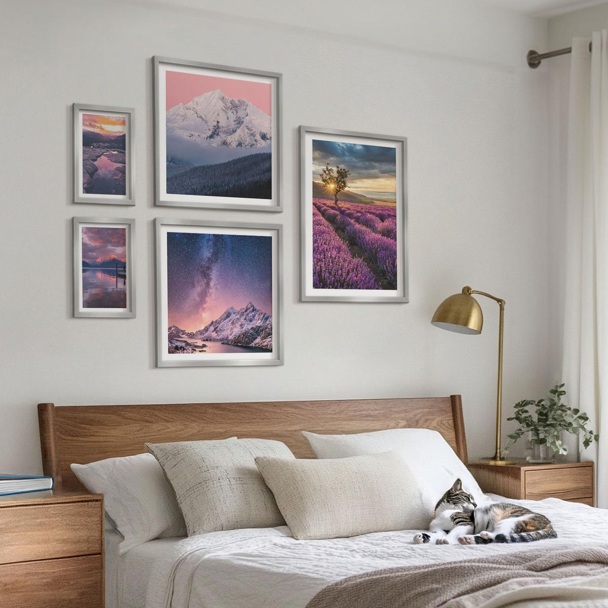 BILDER SET 5er Set - 50x50 cm & 20x30 cm & 40x60 cm Silberner Rahmen - Nachtstädte mit Neonlichtern - Silberfarben, Kunststoff (40/60cm) - TULUP