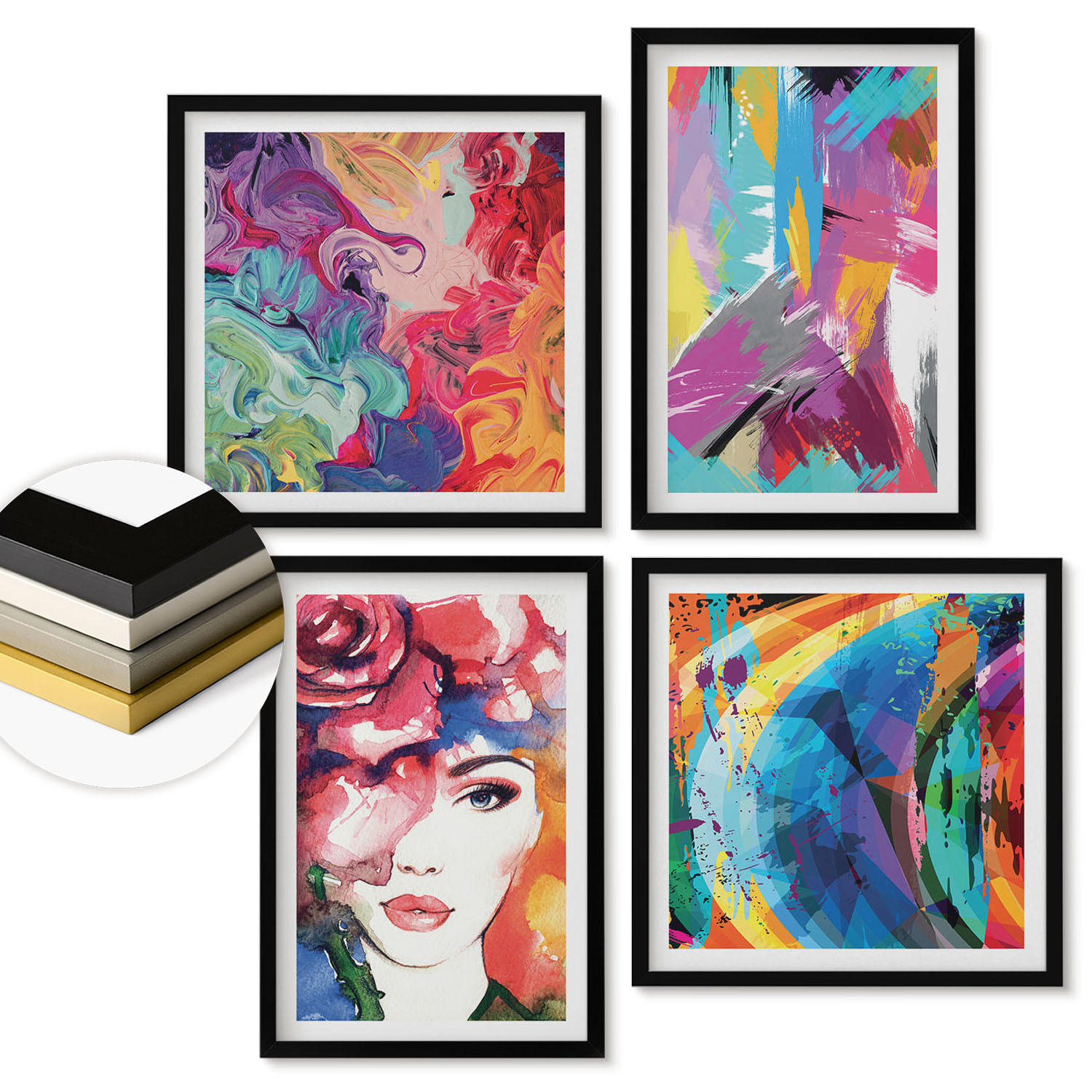 WANDBILDER 4er-Set - 50x50 cm & 40x60 cm Schwarzer Rahmen - Farbenfrohes abstraktes Porträt - Schwarz, Kunststoff (50/50cm) - ArtPrintCave