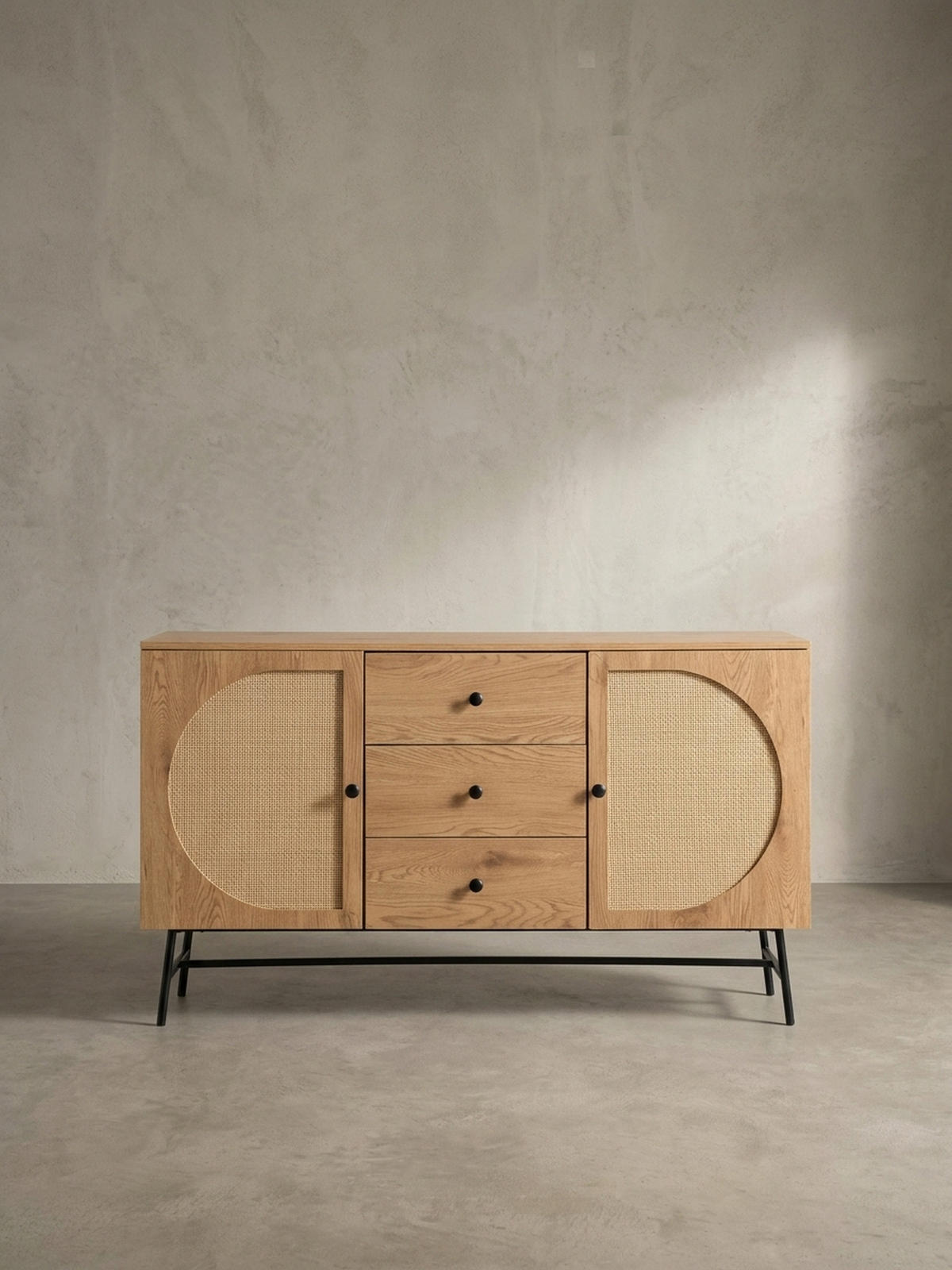 SIDEBOARD – Eiche-Dekor/Rattan, 140x80x40 cm, 2 Türen, 3 Schubladen, hoch - Schwarz/Braun, Holzwerkstoff/Metall (140/80/40cm) - KADIMA DESIGN