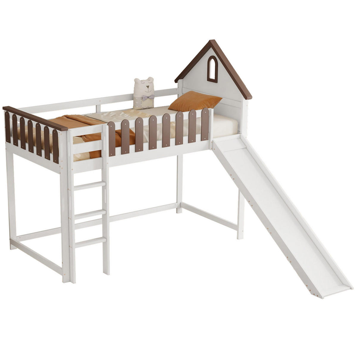 HOCHBETT aus Kiefer und MDF 90x200 cm Weiß/Walnuss mit Rutsche, Leiter und Hausdesign mit Fenstern - Weiß, Holzwerkstoff (90/200cm) - Modfu