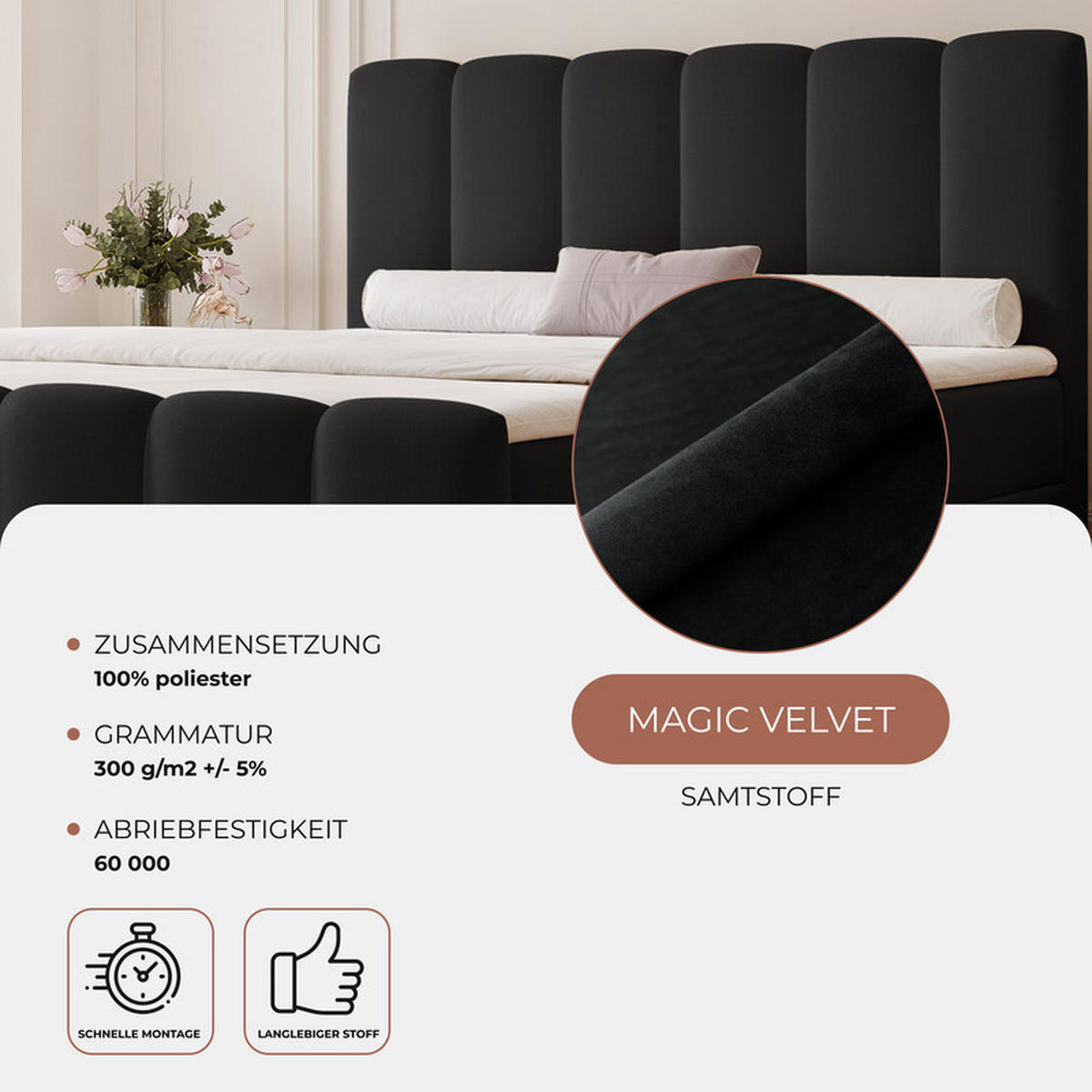 BOXBETT FERRERO 160/200 cm, in Schwarz, mit Matratze - Schwarz, Textil (160/200cm) - Idohome