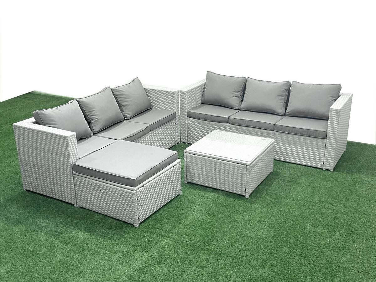 GARTENMÖBEL-SET mit Kissen Polyrattan Hellgrau-Mix 7-Sitzer - Hellgrau/Grau, Glas/Kunststoff - Fimous