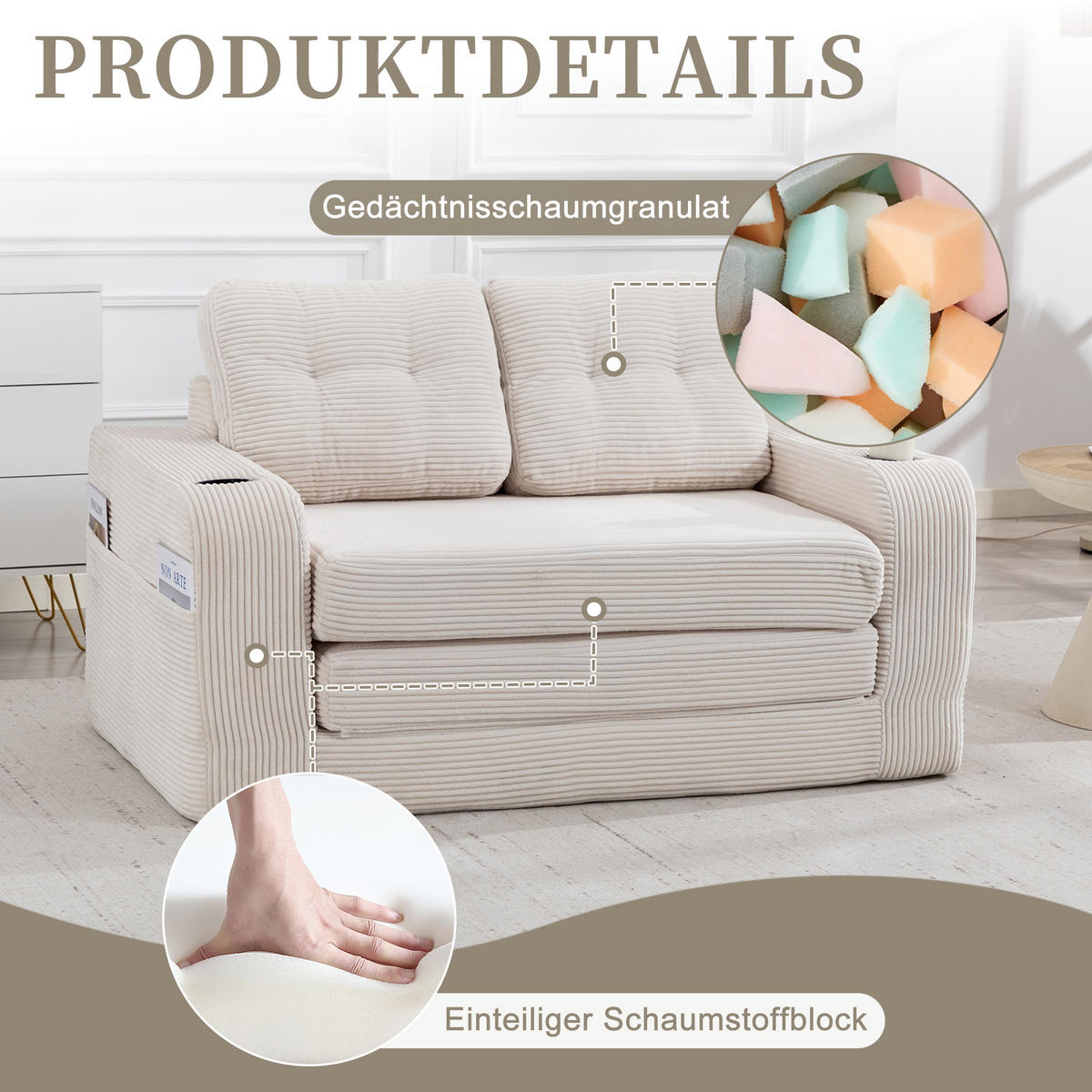 SCHLAFSOFA in Beige Cord mit Getränkehalter und Seitentaschen - Beige, Textil (136/82.5/80cm) - Oxeza