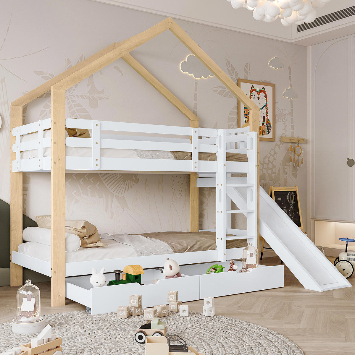 HAUS-ETAGENBETT 90x200 cm in Weiß/Natur mit Rutsche, Schubladen und Absturzsicherung - Weiß, Holzwerkstoff (90/200cm) - IVMEU