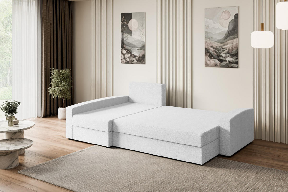 ECKSOFA mit Schlaffunktion und Bettkasten ALESIA-L 231x140x90 cm Weiß Bouclé - Silberfarben/Weiß, Holzwerkstoff/Kunststoff (231/140cm) - ALTDECOR