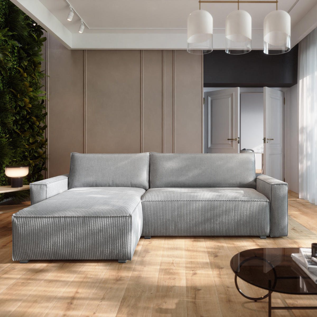 ECKSOFA BESMIR Hellgrau Kordstoff mit Schlaffunktion - Hellgrau, Holz (275/148cm) - MASSENO