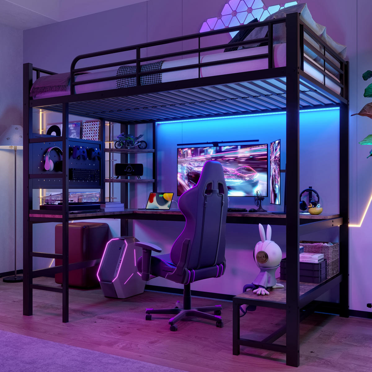 HOCHBETT 90/200 cm aus Metall mit Schreibtisch, LED-Leiste, USB-C, Schwarz - Schwarz, Metall (90/200cm) - OKMYHOME
