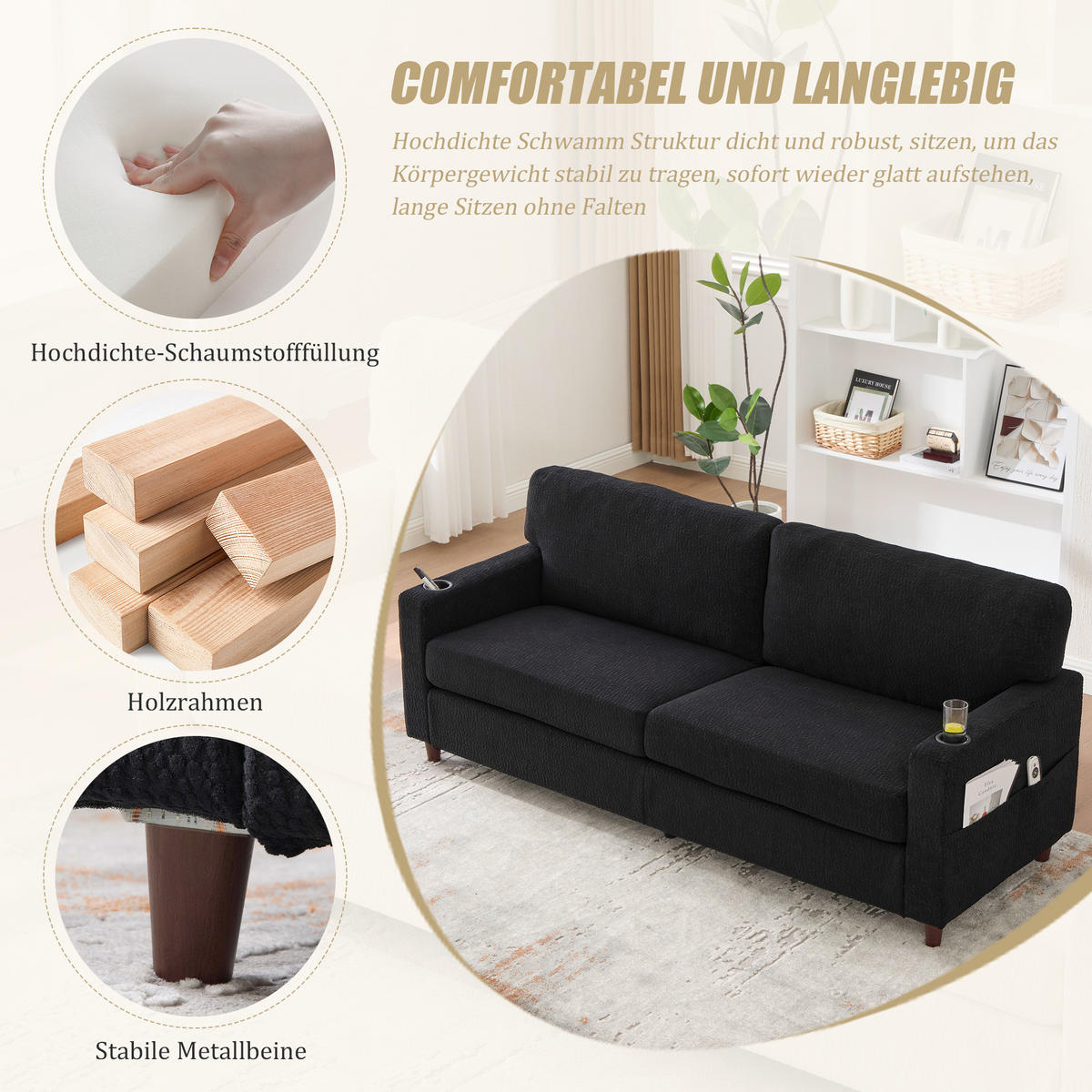 ZWEISITZER Sofa Chenille mit USB-Anschluss und LED-Licht 203/77,5/86 cm Schwarz - Schwarz, Textil (77.5/86/203cm) - Redom