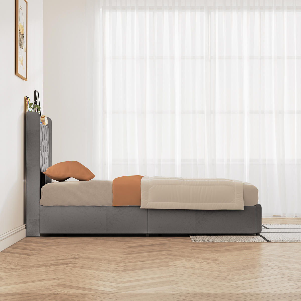 ČALÚNENÁ zamatová posteľ 90x200 cm s LED osvetlením, funkciou nabíjania cez USB a úložným priestorom - tmavosivá, drevo (90/200cm) - SHOPENTRA