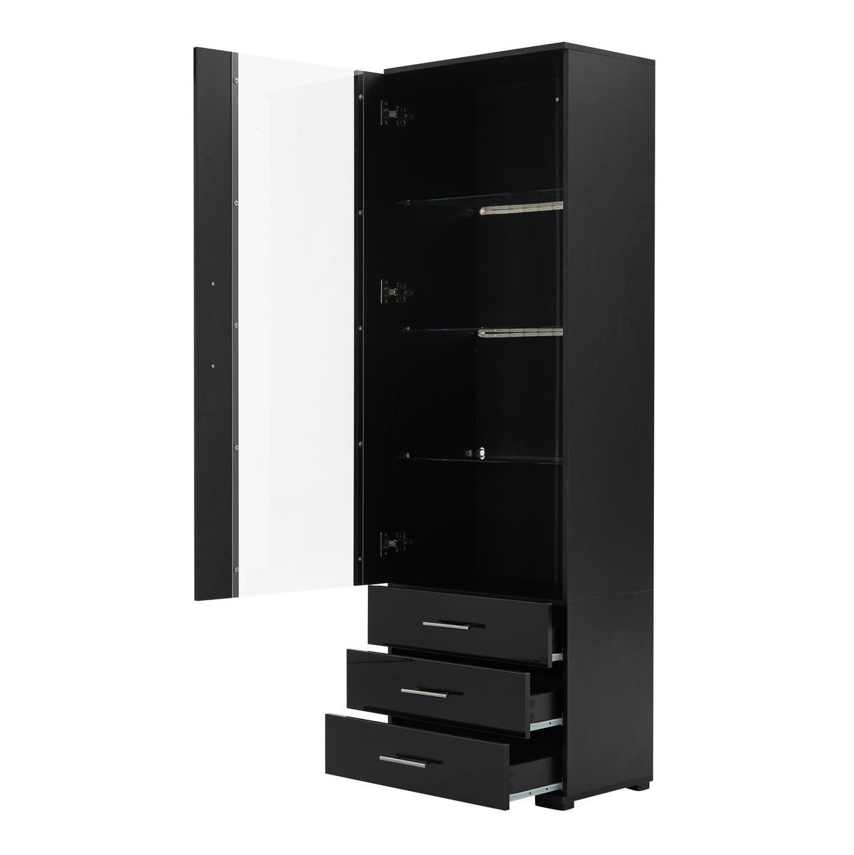VITRINE aus MDF 60x35x180 cm Schwarz mit LED-Beleuchtung, Acryltür und 3 Schubladen - Schwarz, Holzwerkstoff (60/180/35cm) - Modfu