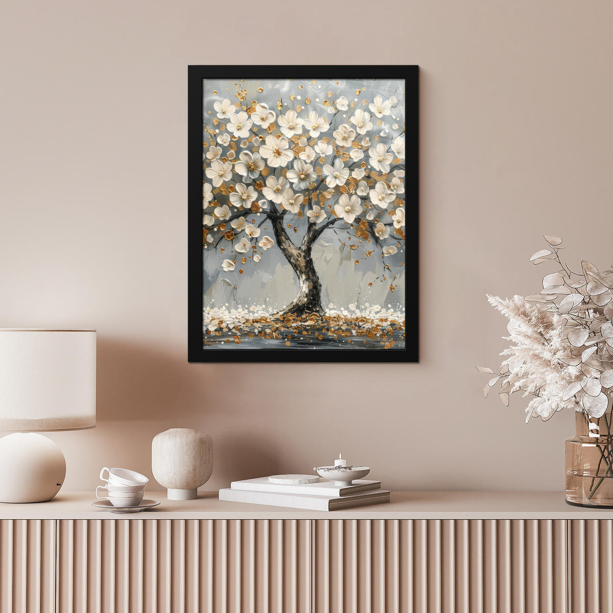 GERAHMTES BILD Baum - Blumen - Weiß - Natur - Kunst 30x40 cm - Weiß, Papier (30/40cm) - MuchoWow