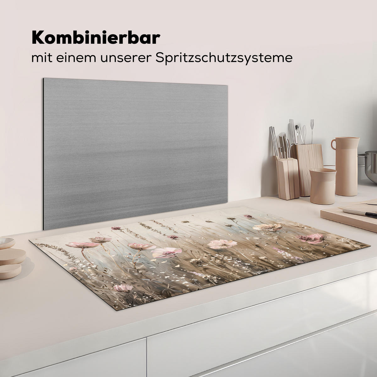 KRYT NA INDUKČNÍ DESKU Květiny - Béžová - Suché květiny 89.6x51.6 cm - béžová, plast (89.6/51.6/0.2cm) - MuchoWow