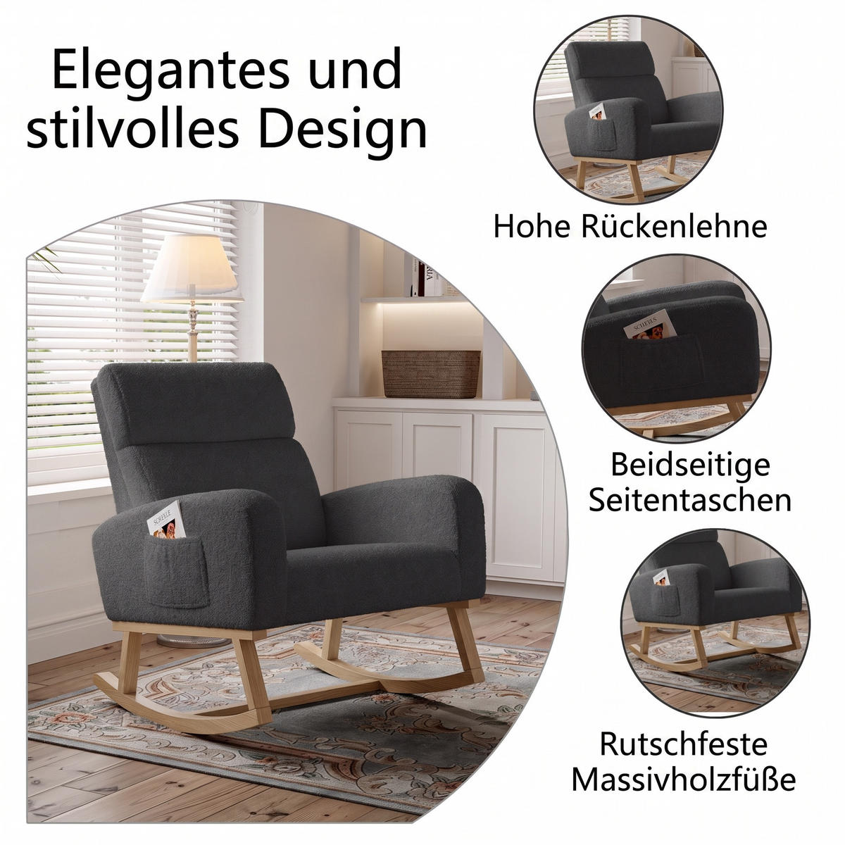 SCHAUKELSTUHL mit Armlehnen - Relaxsessel mit beidseitigen Taschen - Dunkelgrau - Dunkelgrau, Textil (69.2/87/78.5cm) - DELFA