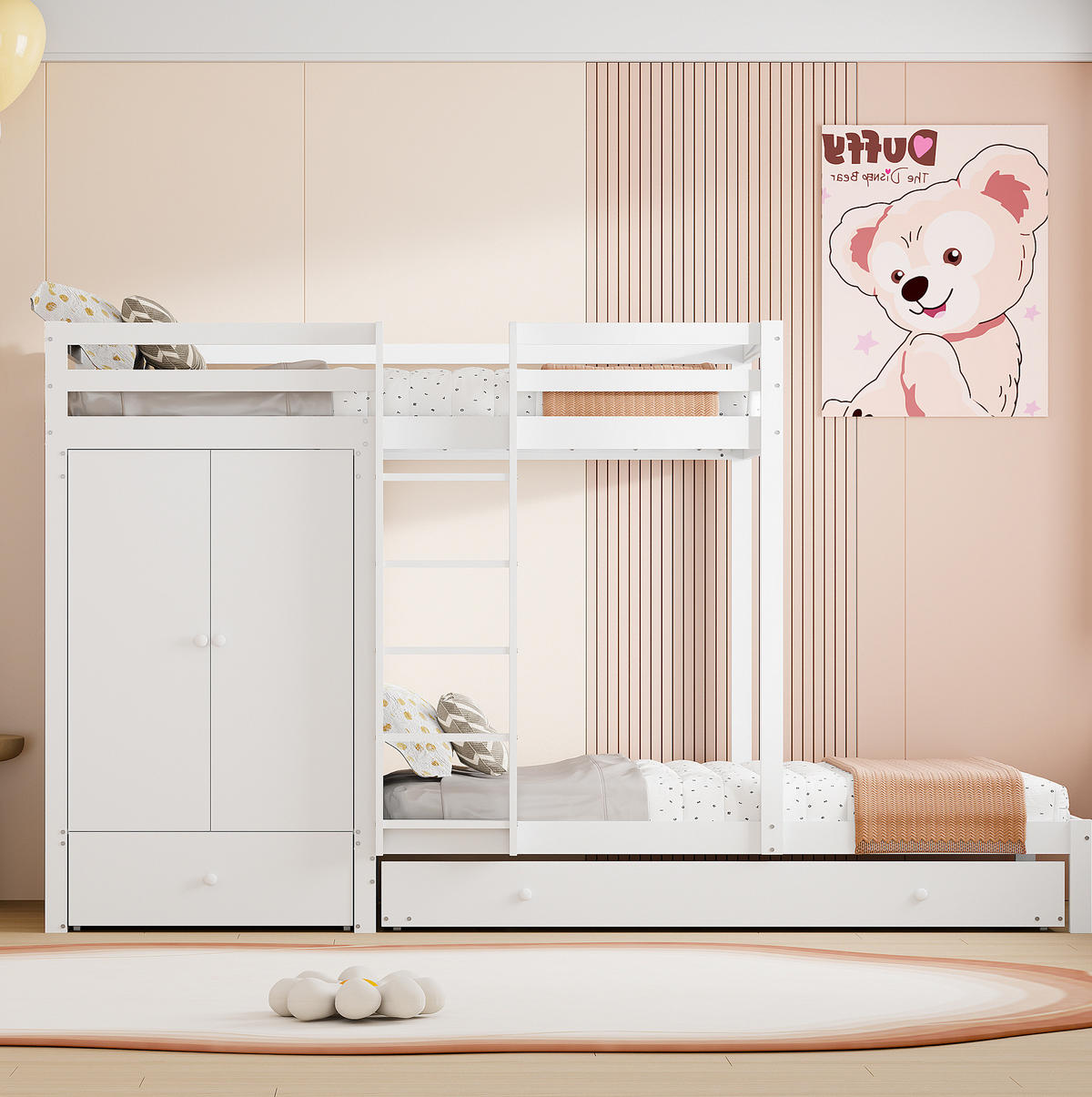 ETAGENBETT 90/200 cm, Weiß mit Ausziehbett und Stauraum ohne Matratze - Weiß, Holz (90/200cm) - MIVRAY