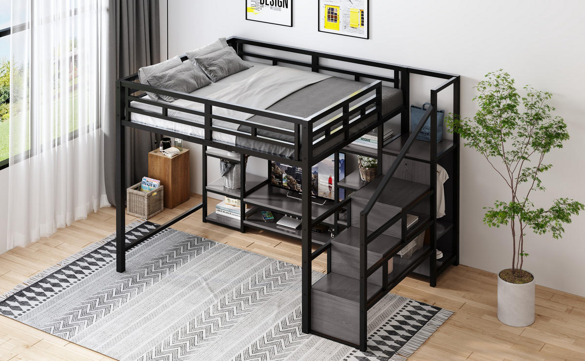HOCHBETT 140/200 cm in Schwarz mit TV-Ständer, Steckdose und Leiter aus Metall - Schwarz, Holzwerkstoff/Metall (140/200cm) - CHICFURN