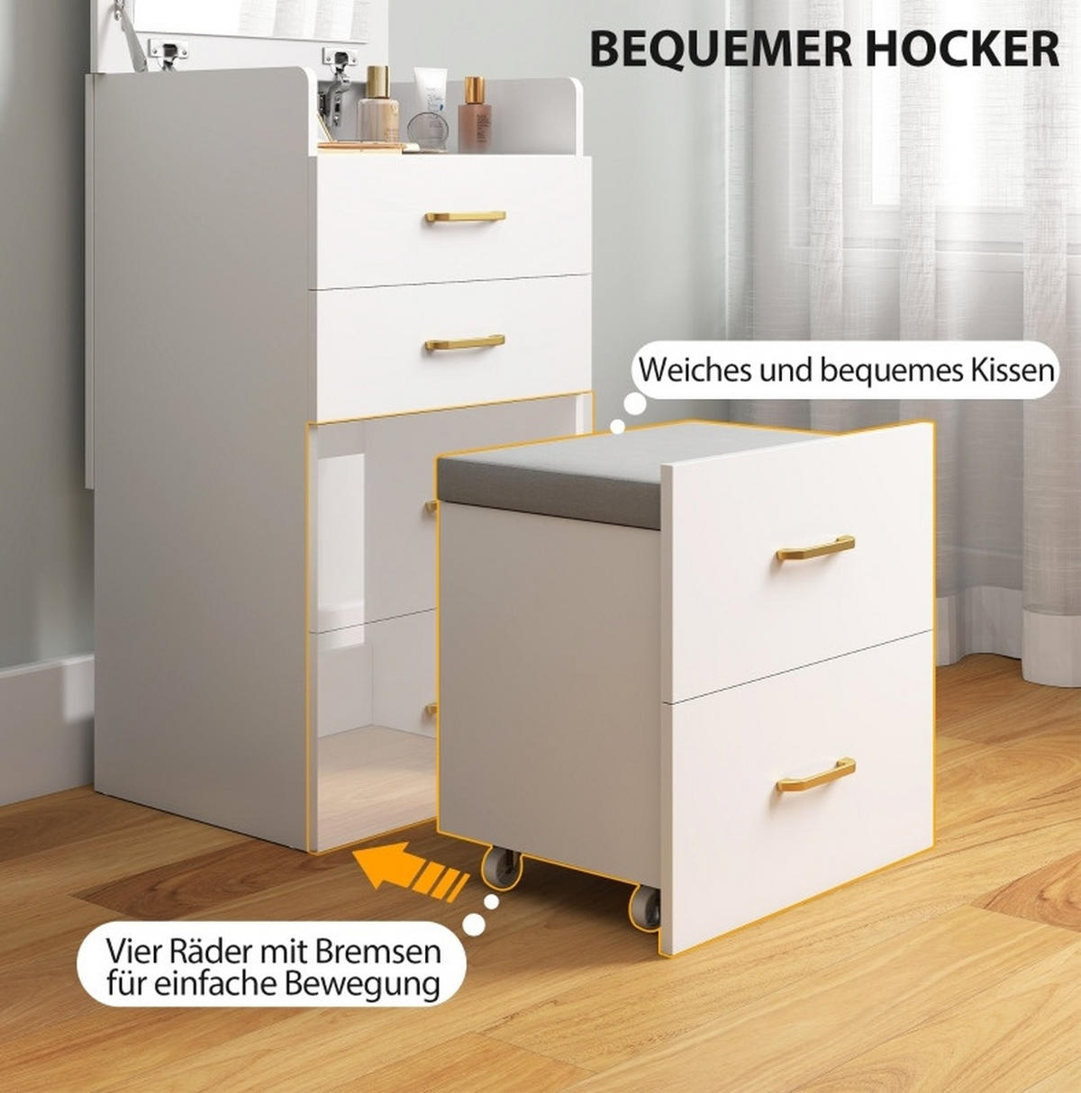 SCHMINKTISCH 48/40/90 cm in Weiß, 3-in-1 mit Spiegel und Rollhocker - Weiß, Holzwerkstoff (40/90/48cm) - Flora Grace