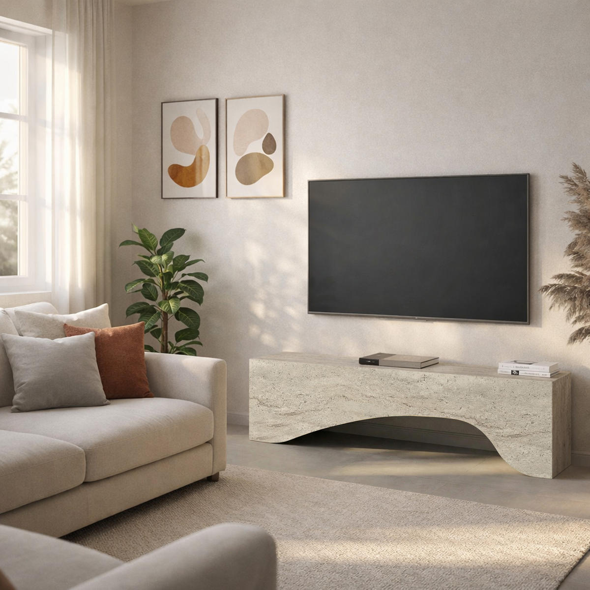 MOEBEL17 TV Lowboard 150 cm Travertin Optik – Modernes Lowboard TV Schrank – TV Board Wohnzimmer – Fernsehtisch Steinoptik – TV Möbel Sideboard Modern - Beige, Holzwerkstoff (158/45/9cm) - moebel17