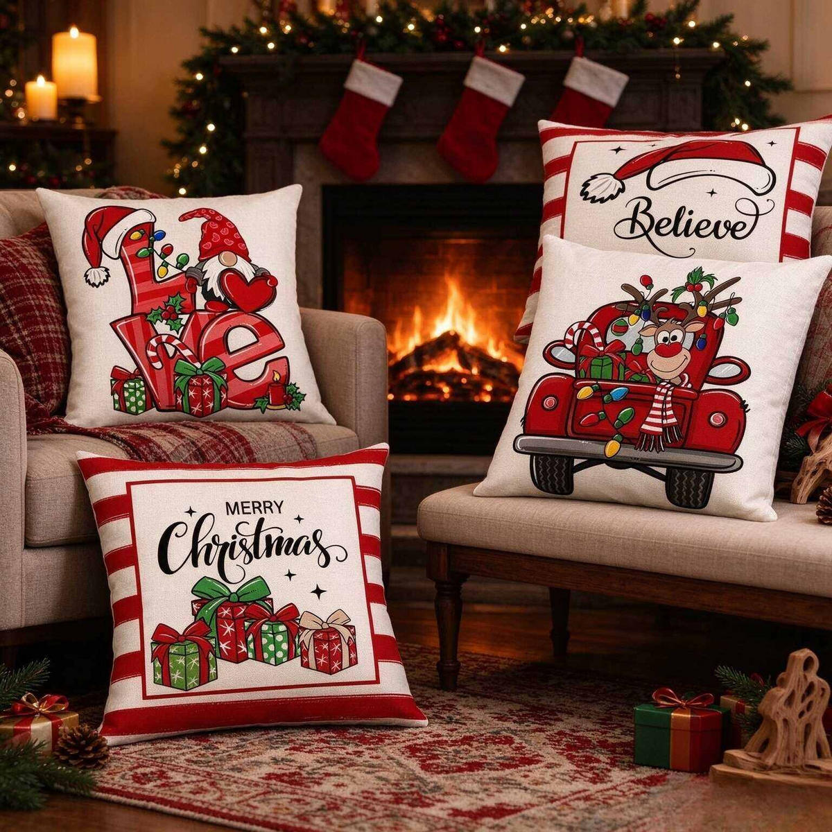 KISSENBEZUG – Weihnachtskissenbezug (Kissenfüllung nicht enthalten) – 45 x 45 cm – Multicolor(vier Stück) - Multicolor, Textil (45/45cm)