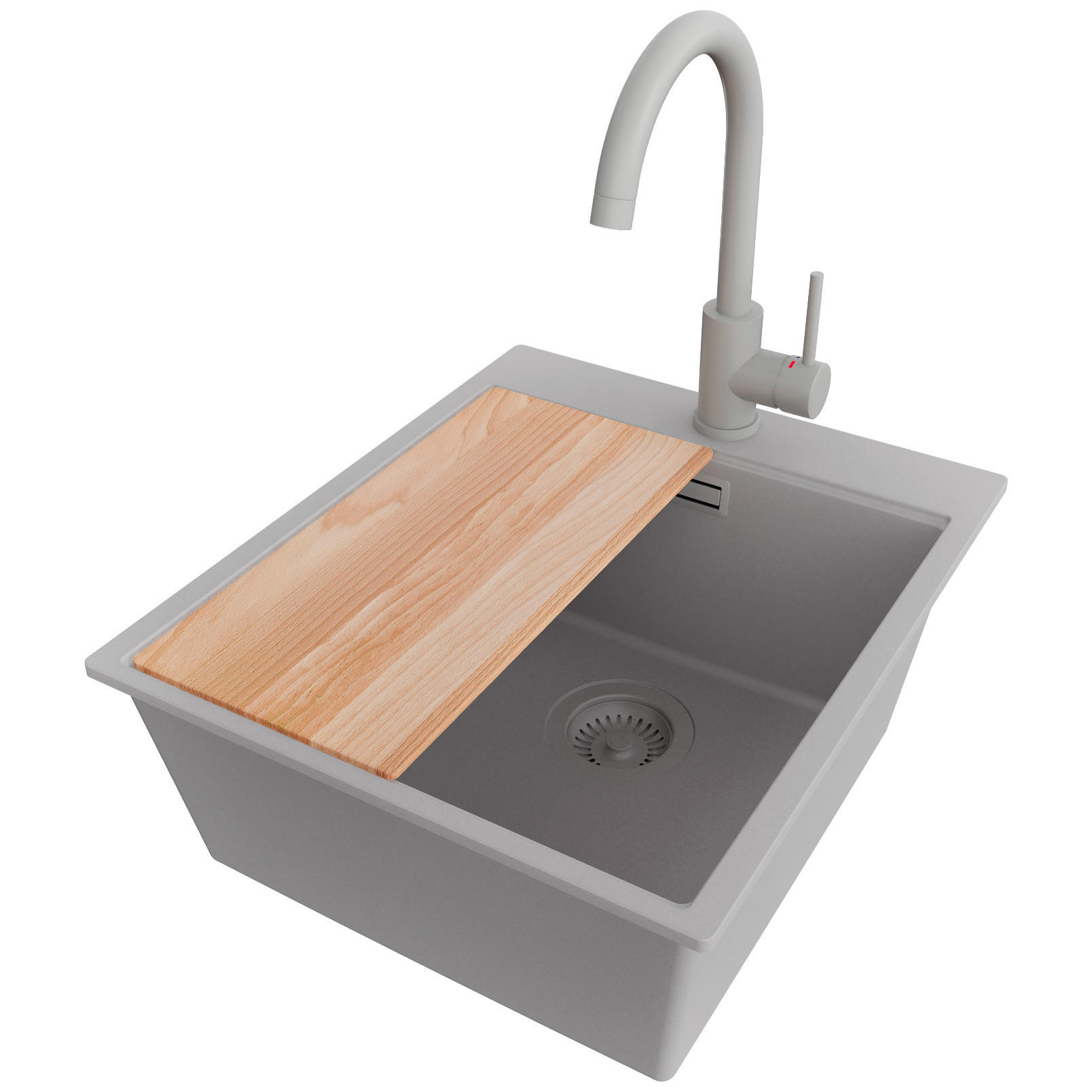 GRANITSPÜLE Oslo, 2-er set Grau 43/50 cm 1 Becken + Küchenarmatur 32/20 cm + Ablauf-Set + Schneidebrett ab 45er Unterschrank - Beige/Grau, Kunststoff (43/20/50cm) - Primagran