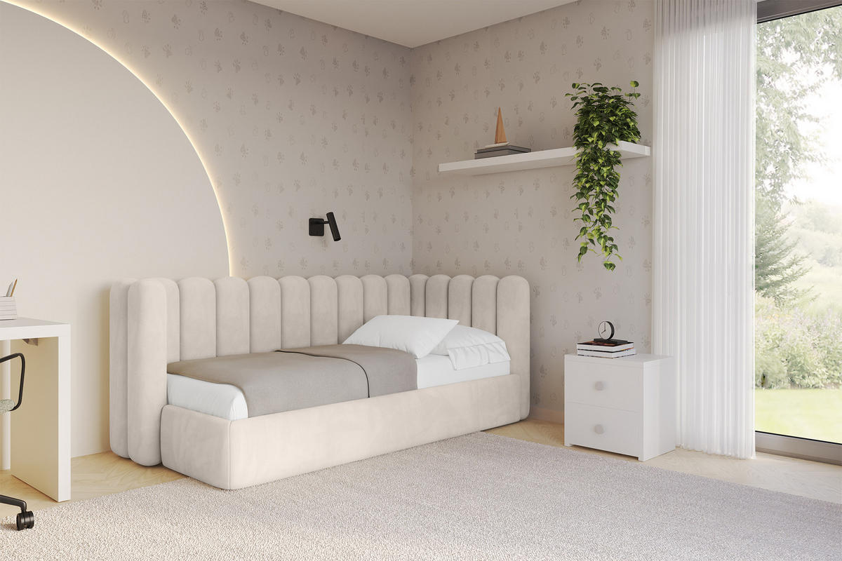 EINZELLBETT Jugendbett mit Bettkasten und Matratze H3/H4, Links - HUGY 100x200 Beige - Ecru, Holzwerkstoff/Textil (100/200cm) - ALTDECOR