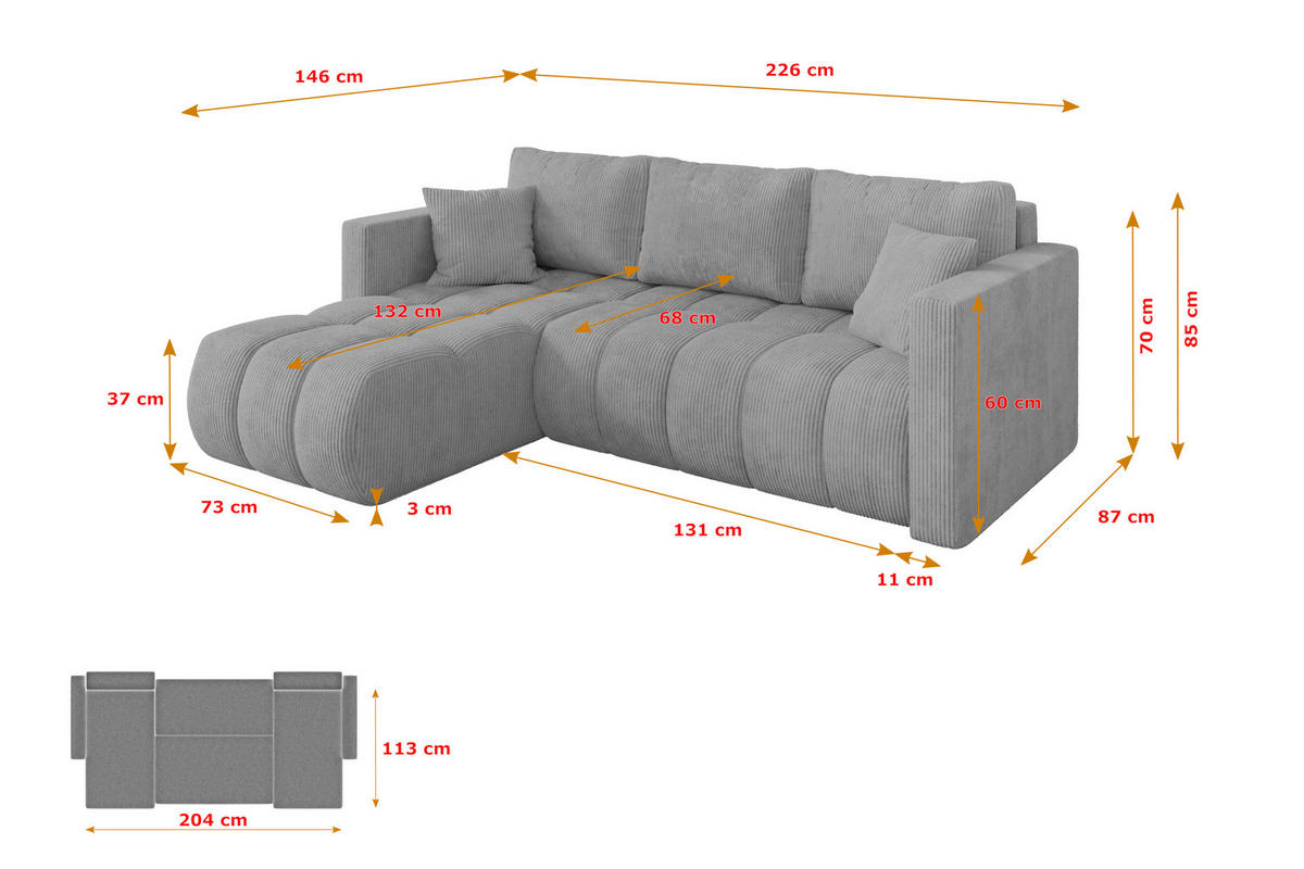 ROHOVÁ SEDAČKA s funkcí spaní, otoman vlevo GARD-L 226x146x85 šedá manšestr - šedá/černá, kompozitní dřevo/textil (226/146cm) - ALTDECOR