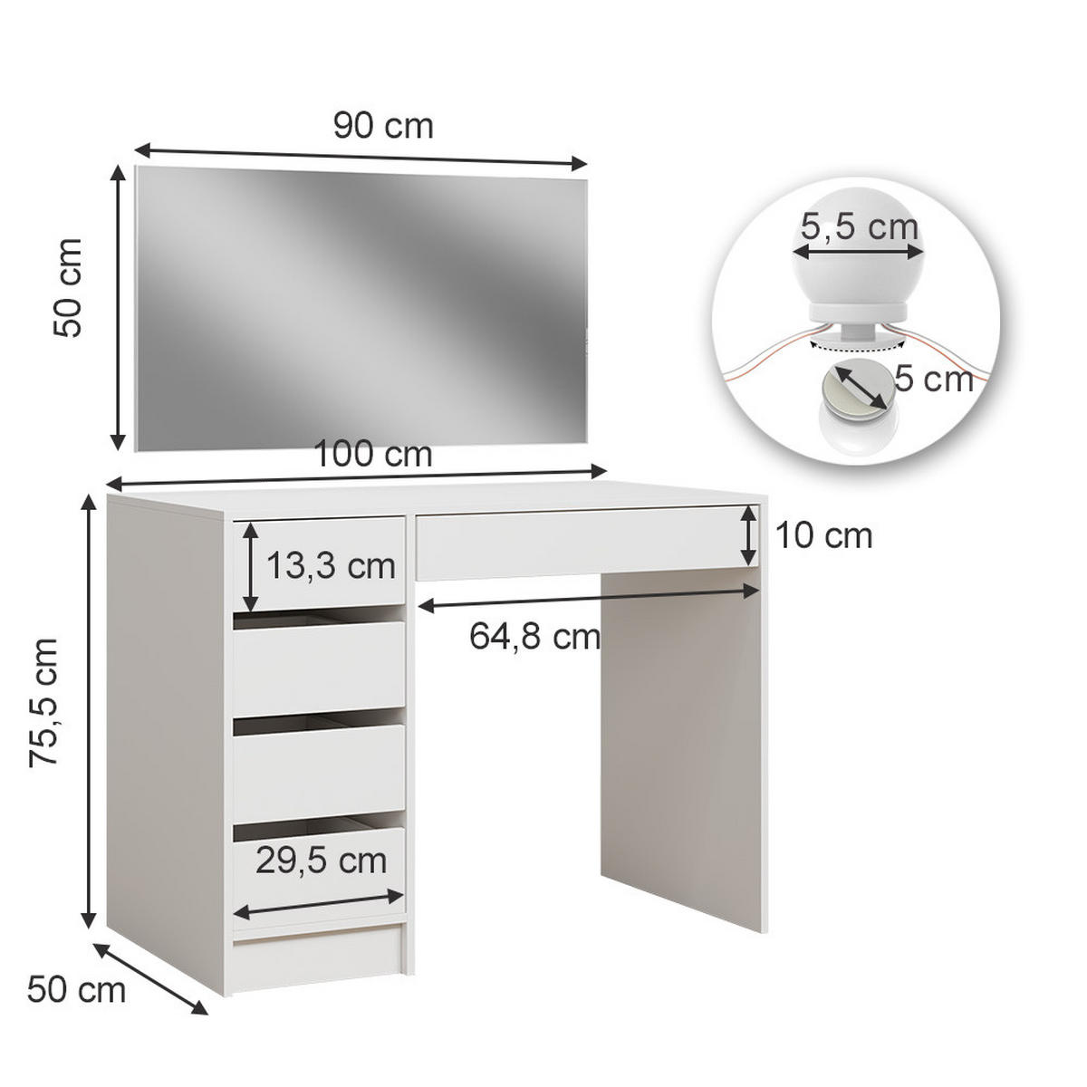 SCHMINKTISCH Thalia Weiß 100 cm mit LED Beleuchtung - Weiß, Holzwerkstoff (100/75.5/50cm) - Vicco