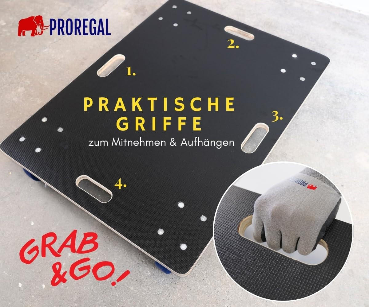 TRANSPORTROLLER mit 4 Rollen 2 Stück 16x80x60cm Traglast 800kg Siebdruck Holzplatte Schwarz - Schwarz, Metall (60/80/16cm) - PROREGAL