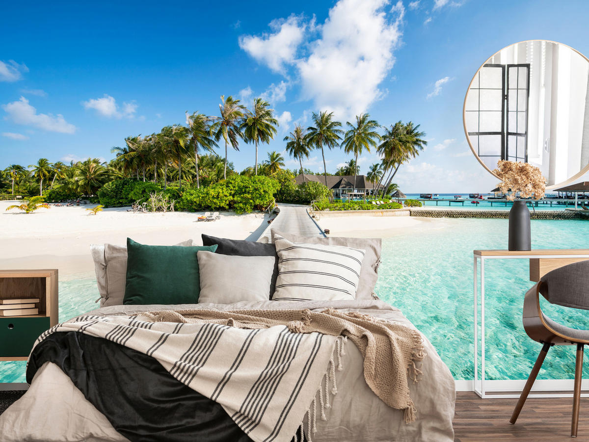 FOTOTAPETE für Schlafzimmer Tropeninsel Steg Palmen Pflanzen 500x350 - Blau/Beige, Papier (500/350cm) - Muralo