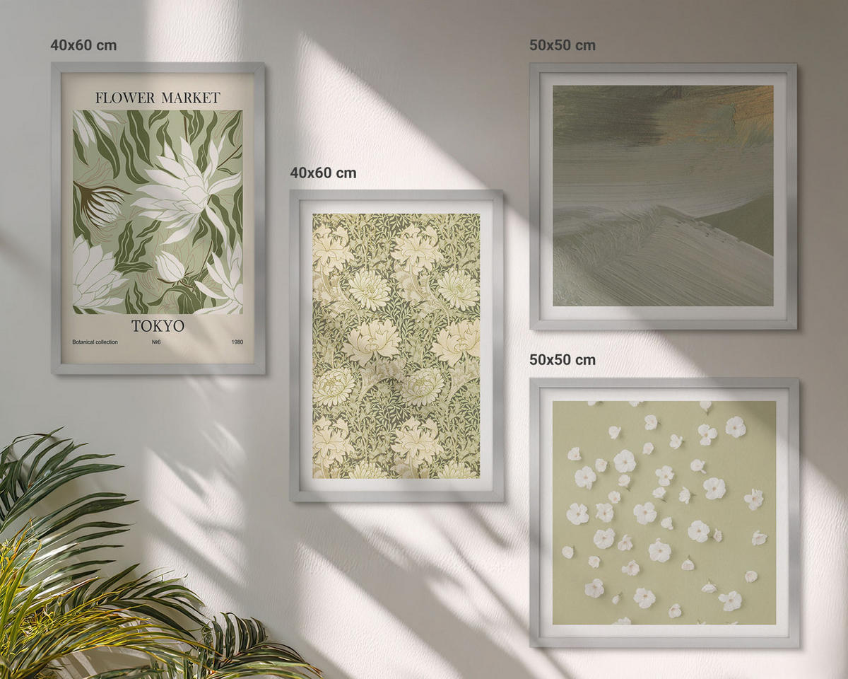 BILDER SET 4er Set - 50x50 cm & 40x60 cm Silberner Rahmen - Florale Abstraktionen im Boho-Stil - Silberfarben, Kunststoff (50/50cm) - TULUP