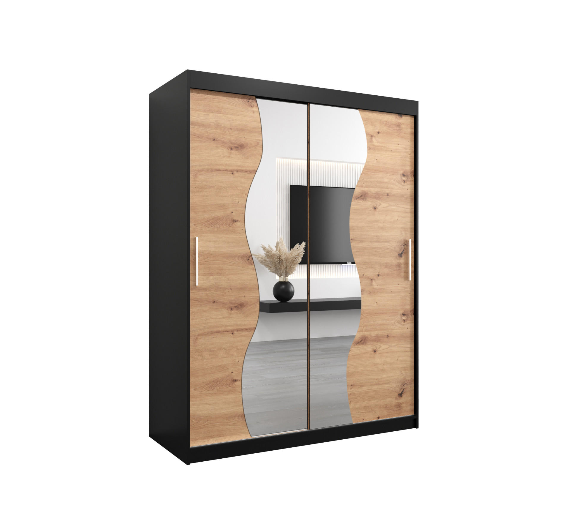 Abiks Möbel Schwebetürenschrank Schwarz, Eiche Artisan 150x200x62 cm