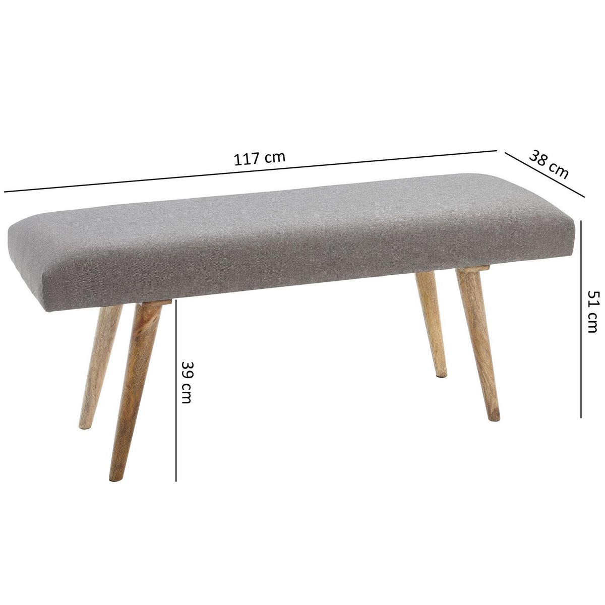 SITZBANK SILE Retro Stil Stoffbezug Massivholz, Grau 117x38x51 cm - Braun/Grau, Mangoholz/Textil (117/51/38cm) - KADIMA DESIGN