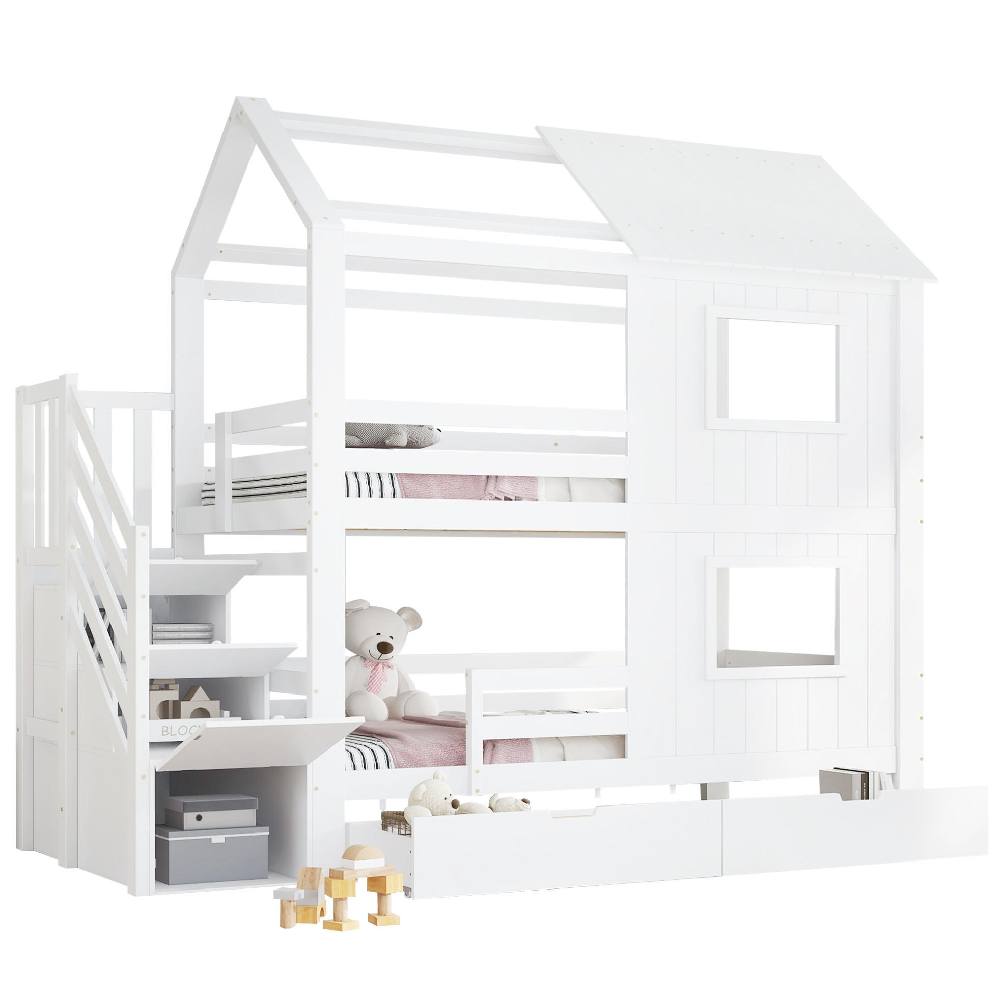 ETAGENBETT 90/200 cm Weiß mit Treppenschrank und Schublade ohne Matratze - Weiß, Holz (90/200cm) - MIVRAY