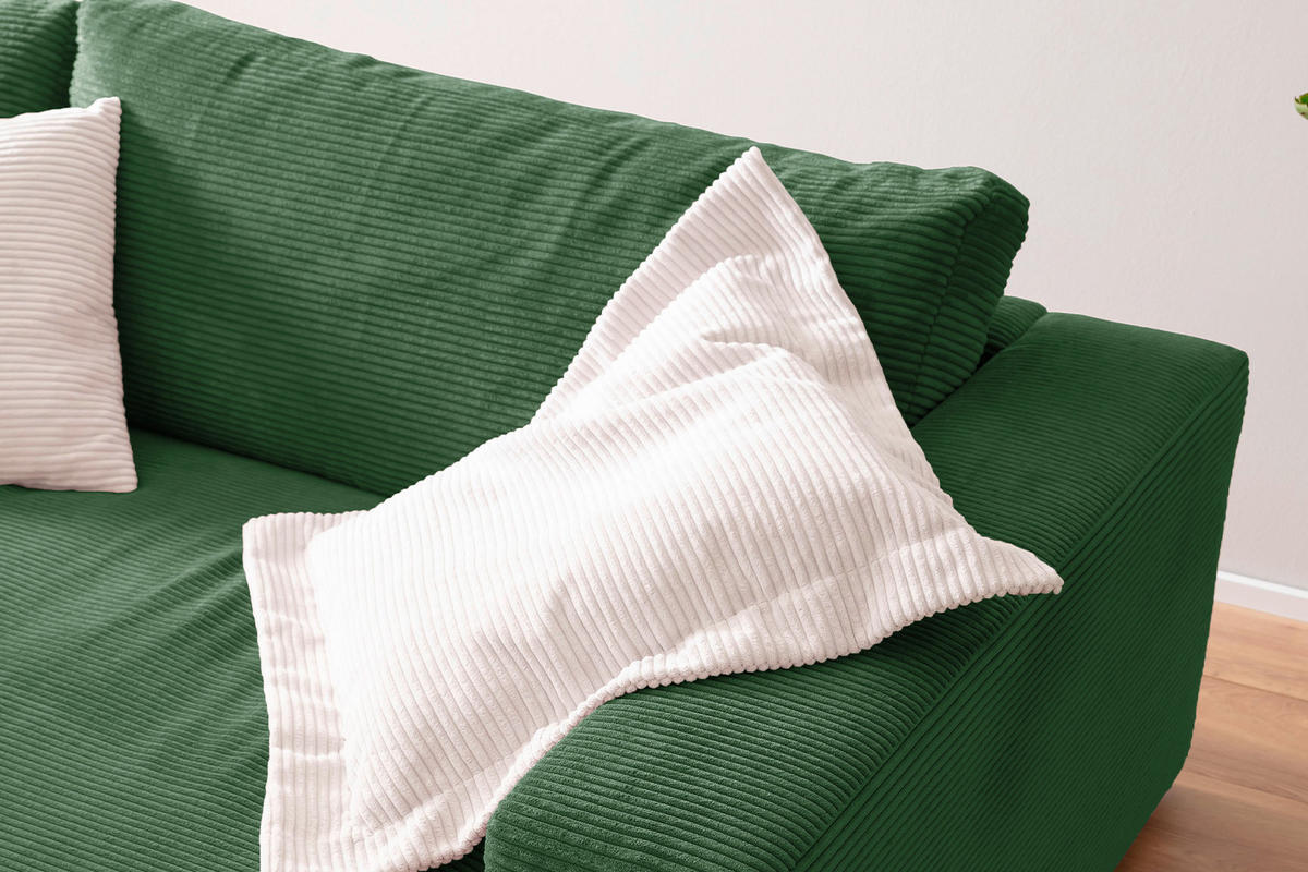 BIG SOFA XL MIT TABLETT NATUR MADELINE Smaragdgrün Cord - Smaragdgrün/Schwarz, Kunststoff/Textil (290/85/190cm) - KAWOLA