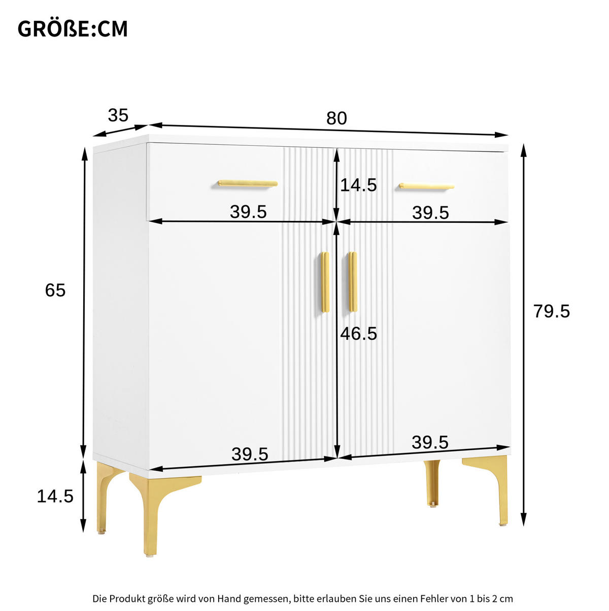 SIDEBOARD 80/35/79,5 cm in Weiß mit 2 Türen, 2 Schubladen und Metallfüßen - Weiß, Holzwerkstoff (80/79.5/35cm) - Flora Grace