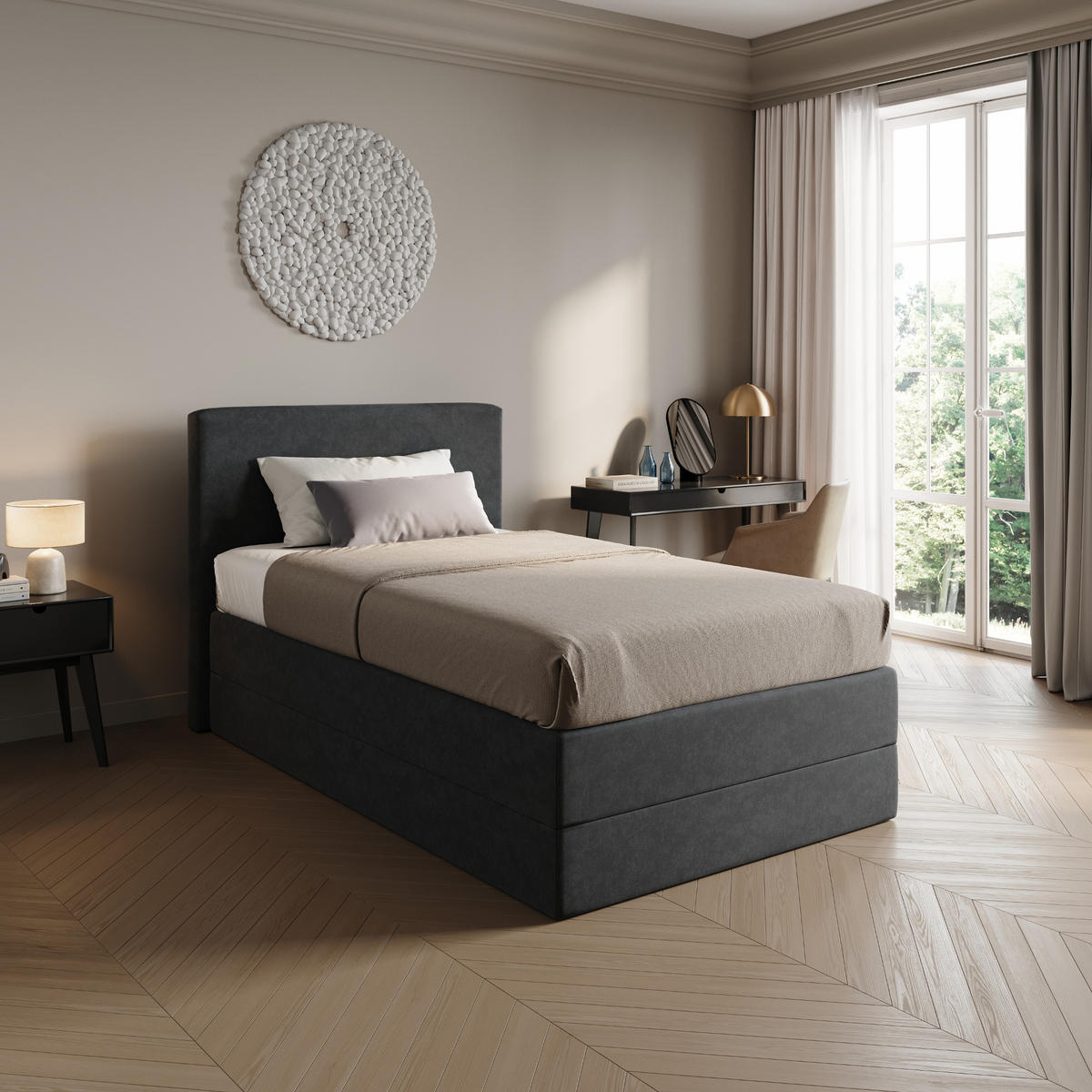 BOXSPRINGBETT mit Bonnell Matratze, mit Kopfteil, 140 x 200 cm, in Dunkelgrau - Anthrazit, Naturmaterialien (140/200cm) - Home Collective