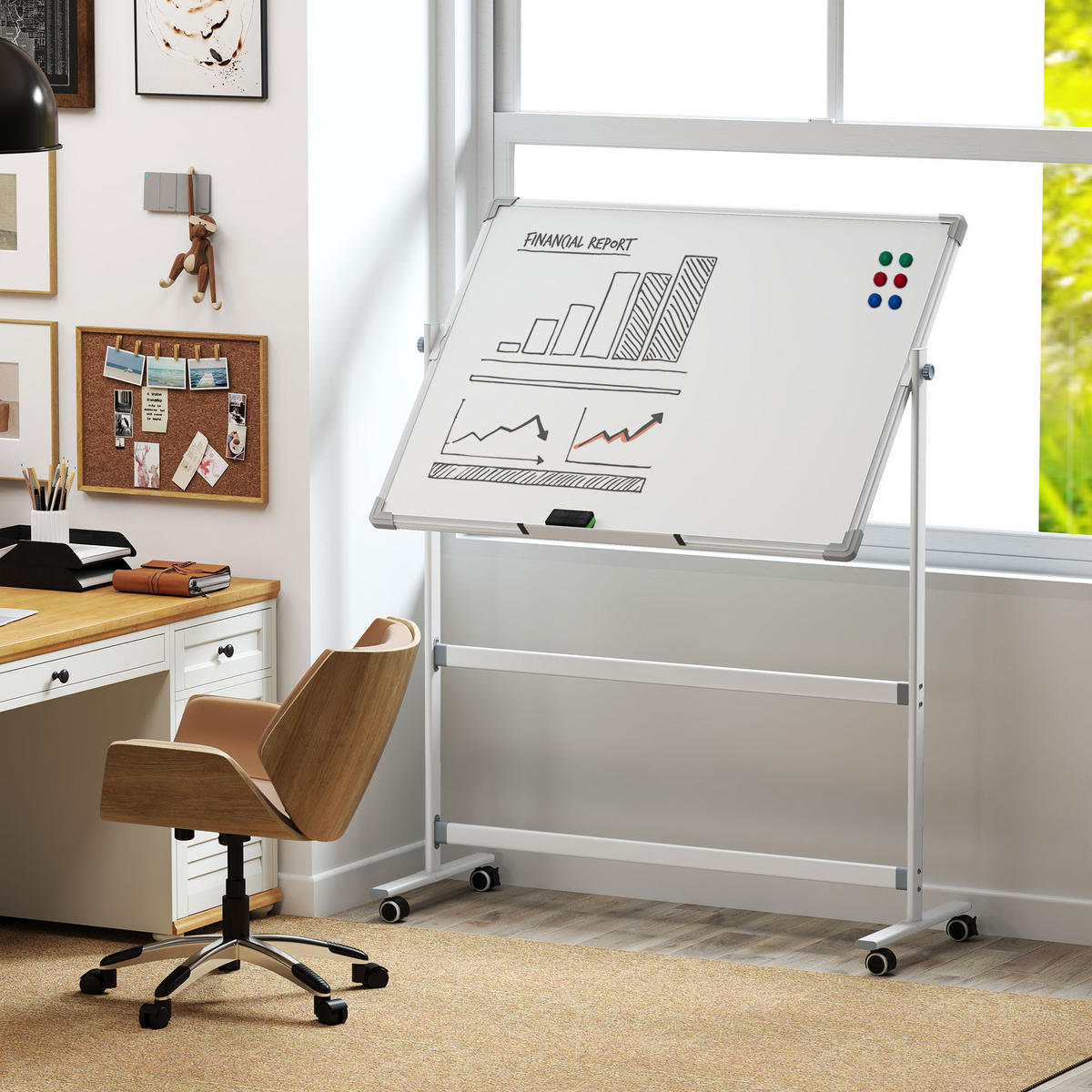 WHITEBOARD,120 x 90 cm, magnetisch, drehbar, mobil, inkl. Marker & Schwamm - Weiß, Metall (50/165/127cm) - HOMCOM