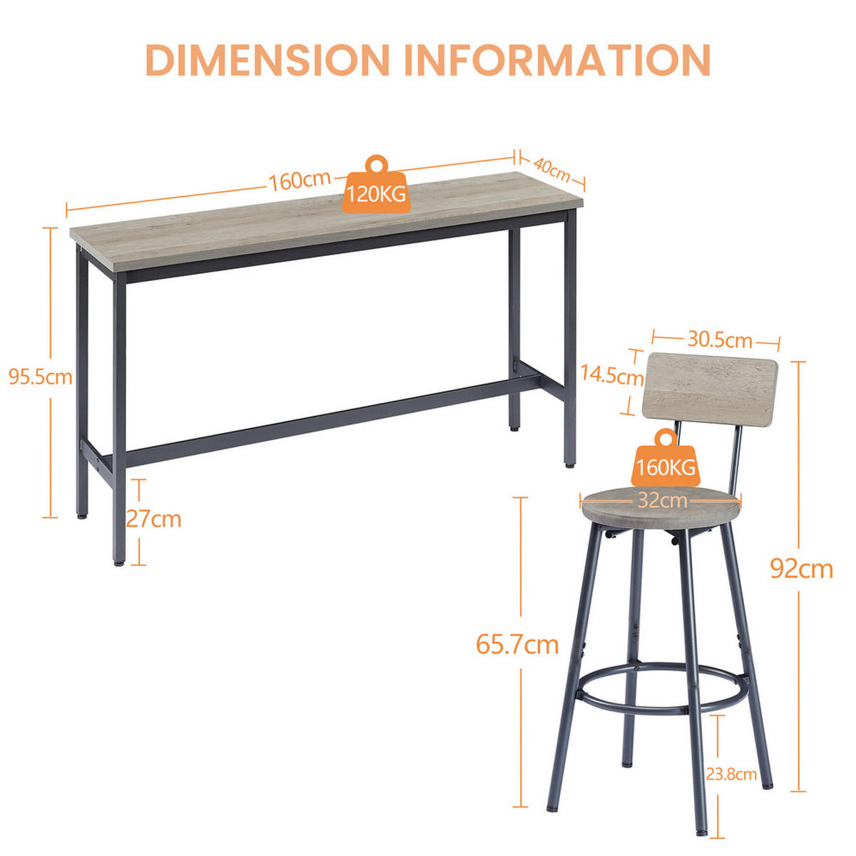 BARTISCH-SET 3 Hockern Industrie-Design Stahl 160cm - Grau, Holzwerkstoff/Metall (171/49.5/13.5cm) - Raelunyi