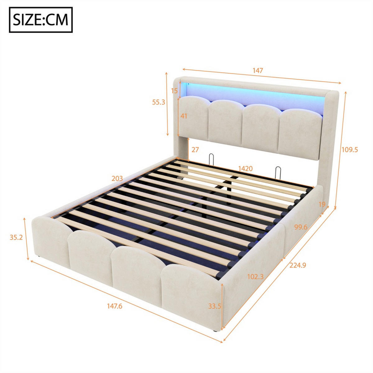 POLSTERBETT 140x200 cm mit KopfteilStauraum & hydraulischem Stauraum - USB und Type-C & LED - Beige - Beige, Textil (140/200cm) - DELFA