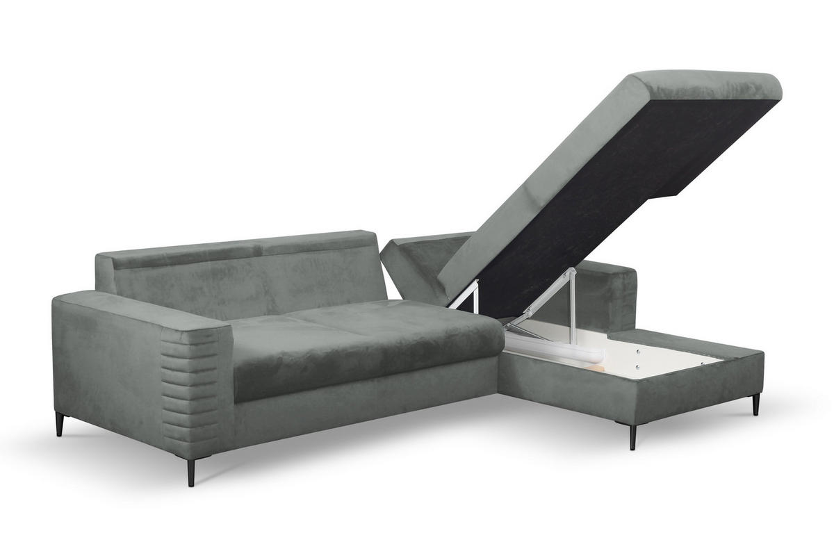 ECKSOFA GRIFO R-S Grau Velours-Stoff mit Schlaffunktion - Grau, Holz (253/165cm) - MASSENO