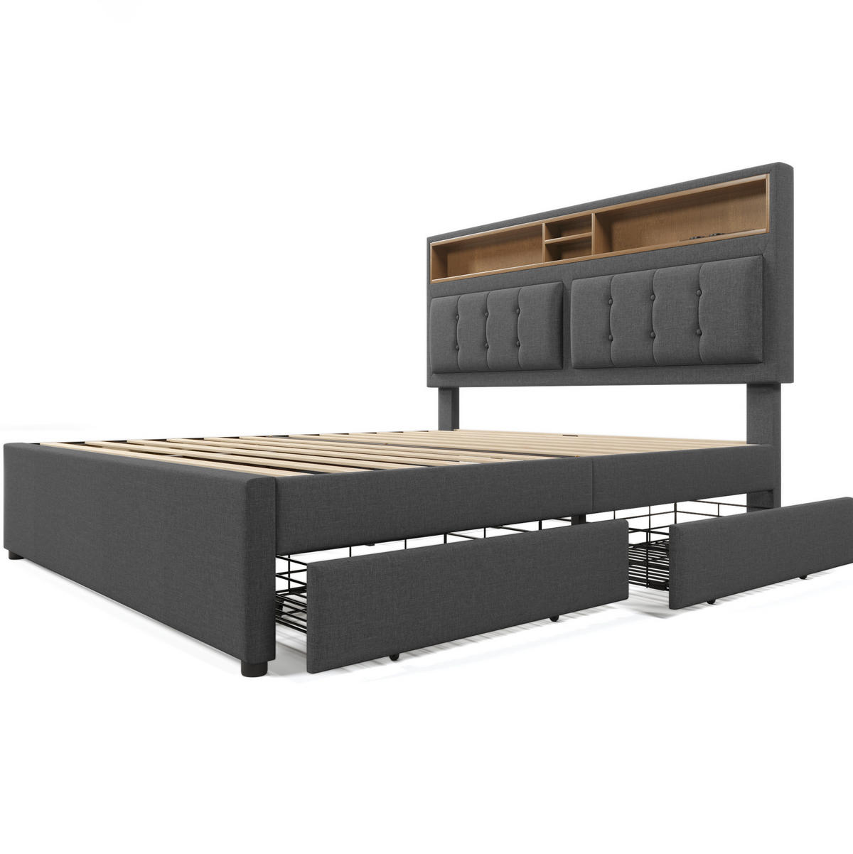 POLSTERBETT 160/200 cm mit 4 Schubladen, USB-C und verstellbarem Kopfteil - Grau, Textil (160/200cm) - BEAOK
