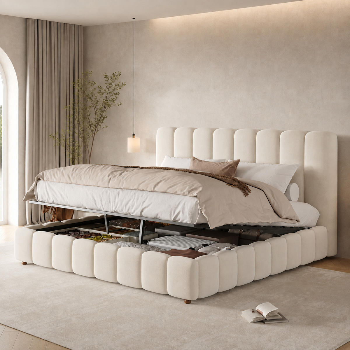 POLSTERBETT 160x200 cm Beige Samt mit Stauraum - Beige, Textil (160/200cm) - FLIEKS