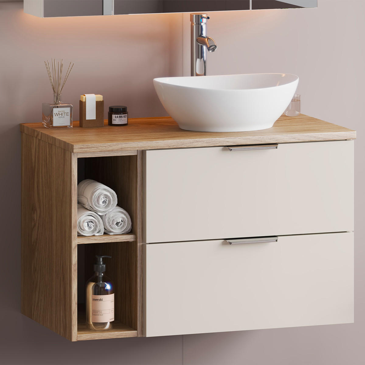 WASCHTISCHUNTERSCHRANK 80.6cm Astrid Kaschmir und Holz - Beige, Holzwerkstoff (80.6/52.2/46.5cm) - Petits-meubles