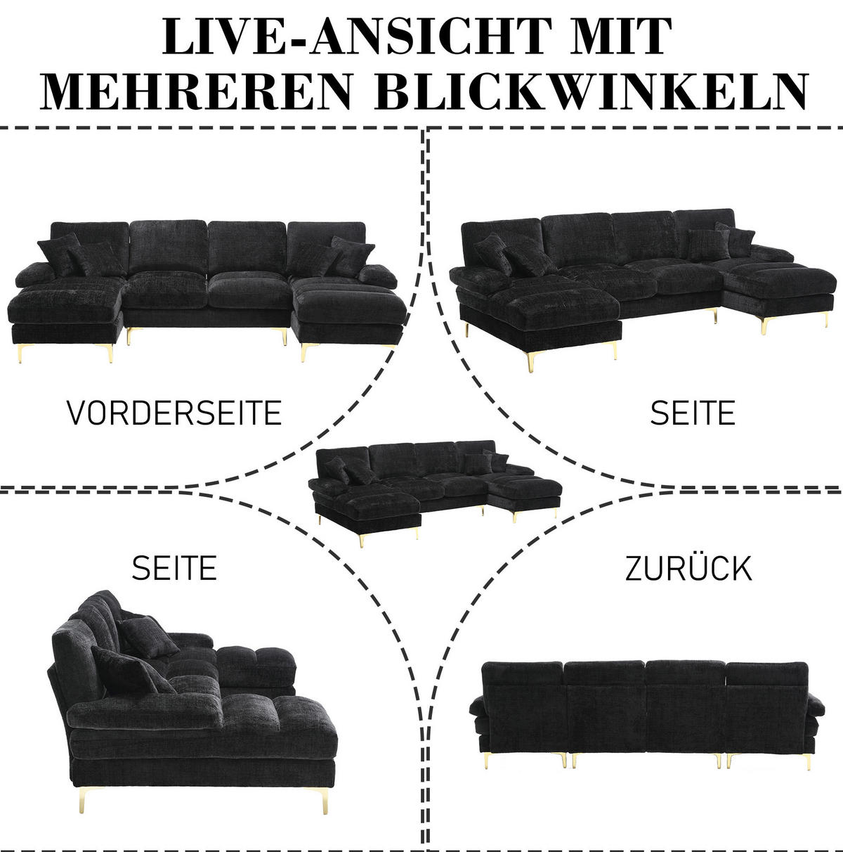 U-FORM Wohnlandschaft Chenille mit 2 Liegeflächen 272/136/88 cm Schwarz - Schwarz, Textil/Metall (136/88/272cm) - Redom