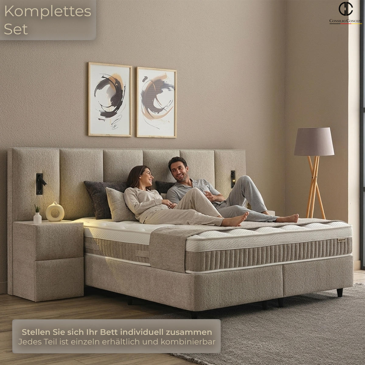 BOXSPRINGBETT MIT BETTKASTEN DAVIS 180/200 cm, Helltaupe, mit Leuchten, Bettkasten, Matratze, Topper integriert, H3 mittel - Taupe/Schwarz, Holz/Kunststoff (180/200cm) - Consilio Concept