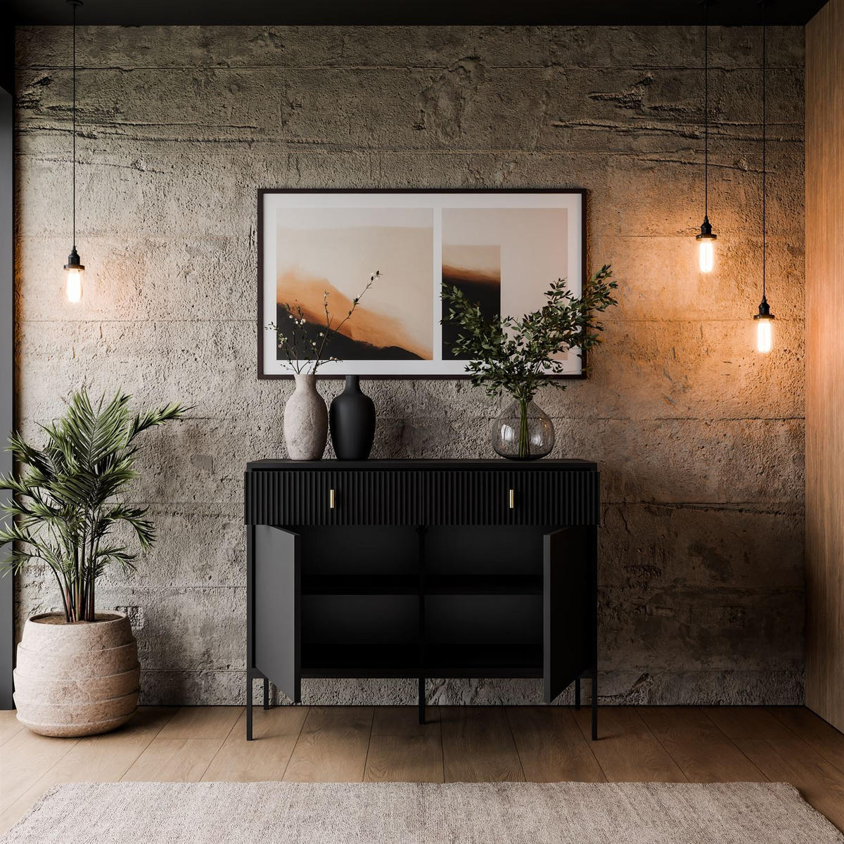 KOMMODE MIDNIGHT 2D2S mit zwei Schubladen auf Gestell schwarz - Schwarz, Holzwerkstoff (104/82.5/39cm) - Lookway