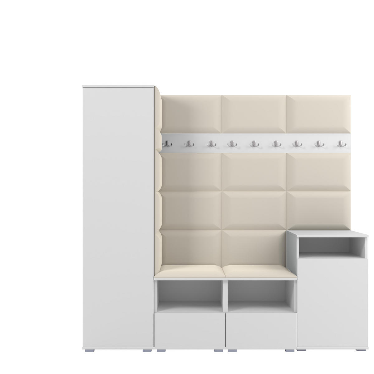 GARDEROBE NELA X 200 cm (Modulare Flurmöbel Weiß mit Sitzpolster Creme 01 Schrank + Sidelboard) - Silberfarben/Creme, Holz/Holzwerkstoff (200/187/40cm) - Ravio