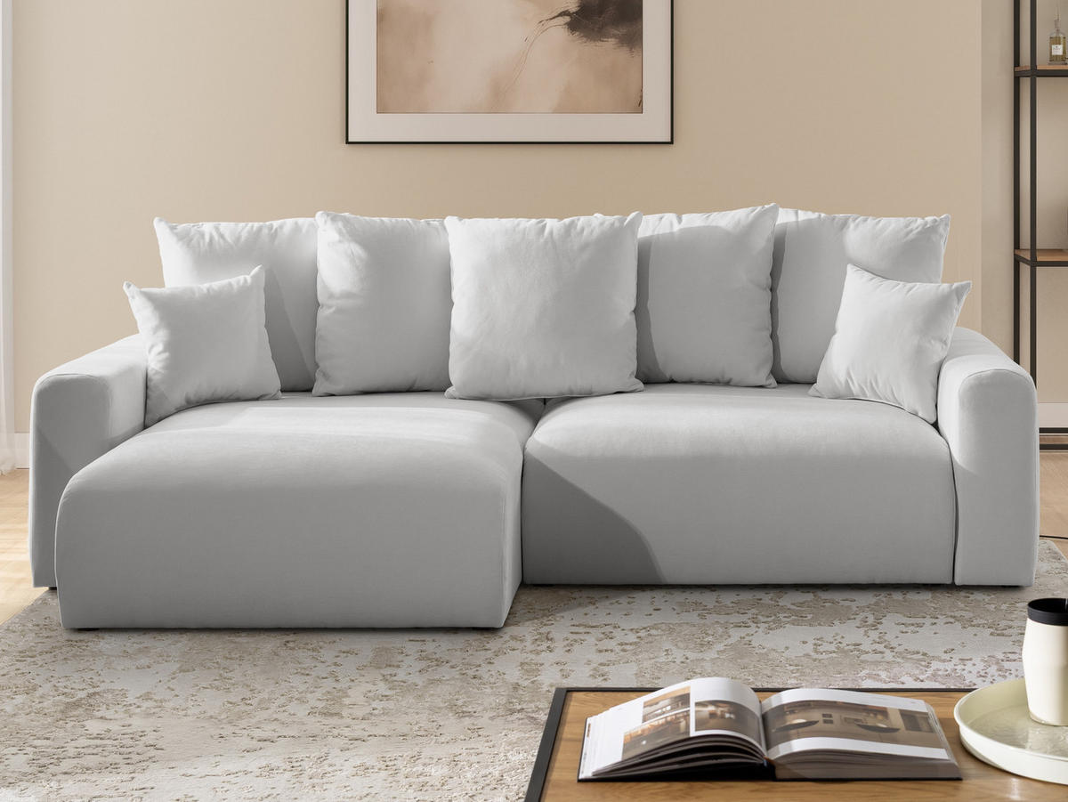 ECKSOFA Calma mit Schlaffunktion und Bettkasten im Bumpy-Design aus weichem Grau Webstoff - Ottomane links - Schwarz/Grau, Holz/Kunststoff (239/140cm) - S-Style
