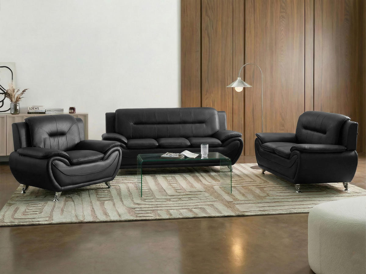 SOFA-SET 6-Sitzer Kunstleder Schwarz Leira - Silberfarben/Schwarz, Kunststoff (193/86/78cm) - Beliani