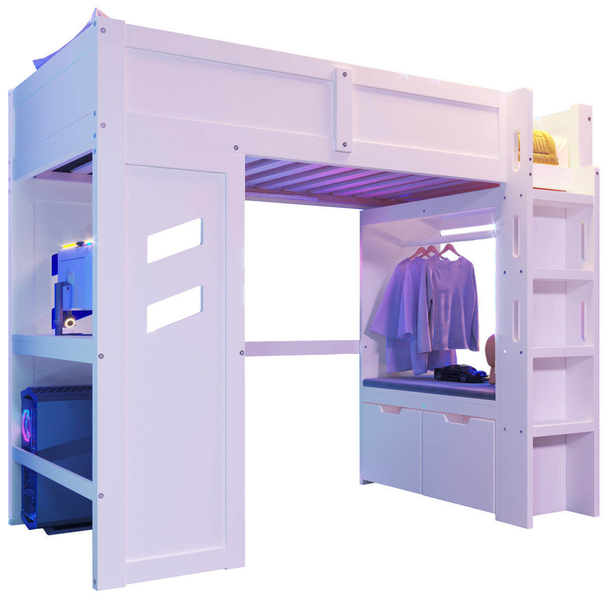 HOCHBETT 90/200 cm aus Kiefer mit Schreibtisch, LED-Beleuchtung, USB, Typ-C, 2 Schubladen und Kleiderstange, Weiß - Weiß, Holzwerkstoff (90/200cm) - Redom