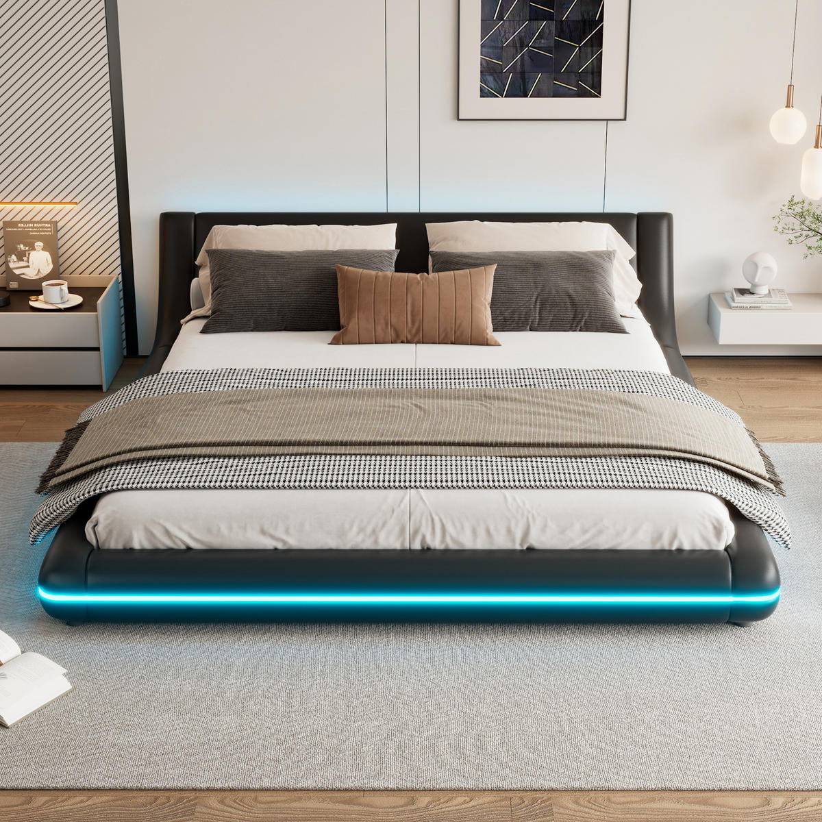 BETT 160/200 cm aus PU in Schwarz – inkl. Lattenrost und LED-Beleuchtung - Schwarz, Kunststoff (160/200cm) - BEAOK